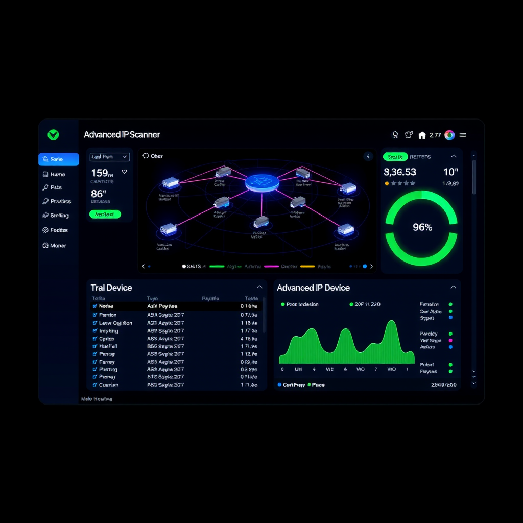 Advanced IP Scanner dashboard interface displaying network topology with connected devices, scanning progress indicators, detailed device information panels, and sleek dark interface with electric blue and neon green highlights