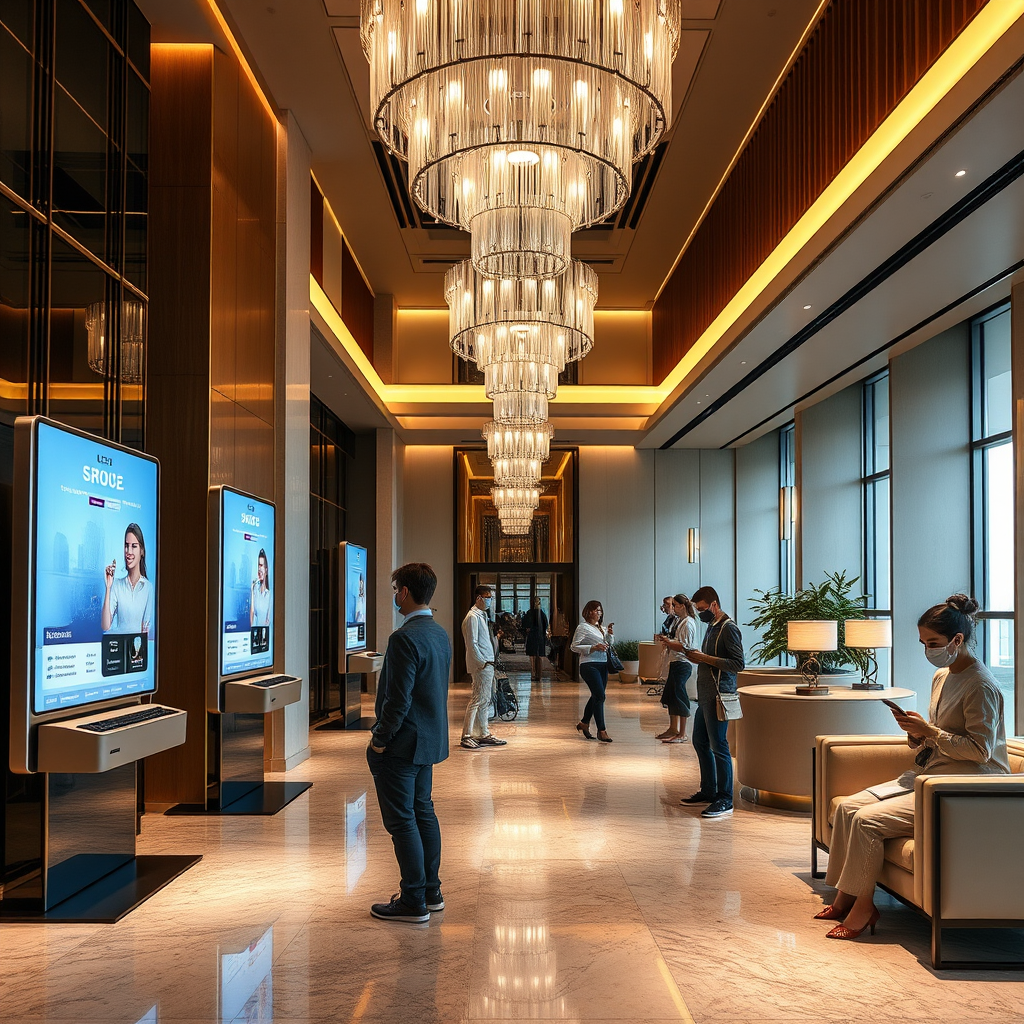 Modern office environment with multiple computer screens displaying network topology maps and IP scanning dashboards, professional IT staff monitoring systems, sleek modern workspace with blue accent lighting