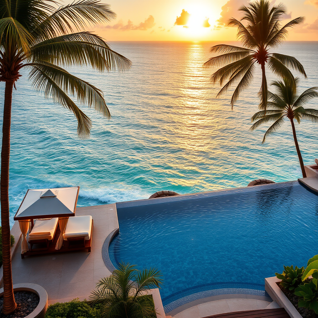 Luxury resort infinity pool overlooking pristine ocean waters at golden hour with elegant poolside cabanas and tropical landscaping