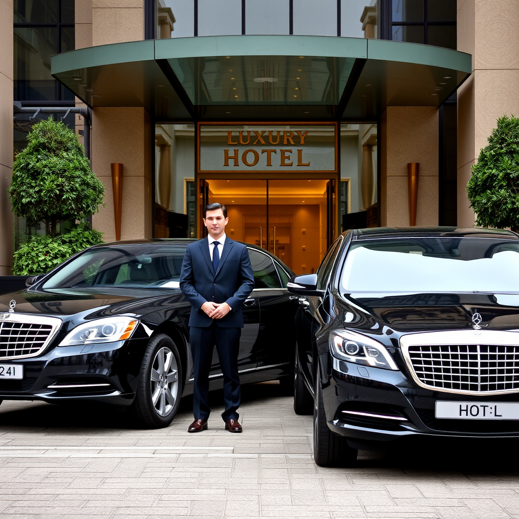Elegant black limousine with professional chauffeur standing beside it in front of luxury hotel entrance