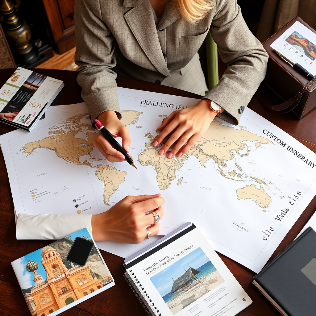 Luxury travel planner working on custom itinerary with world map, premium travel guides, and elegant planning materials spread across a sophisticated desk