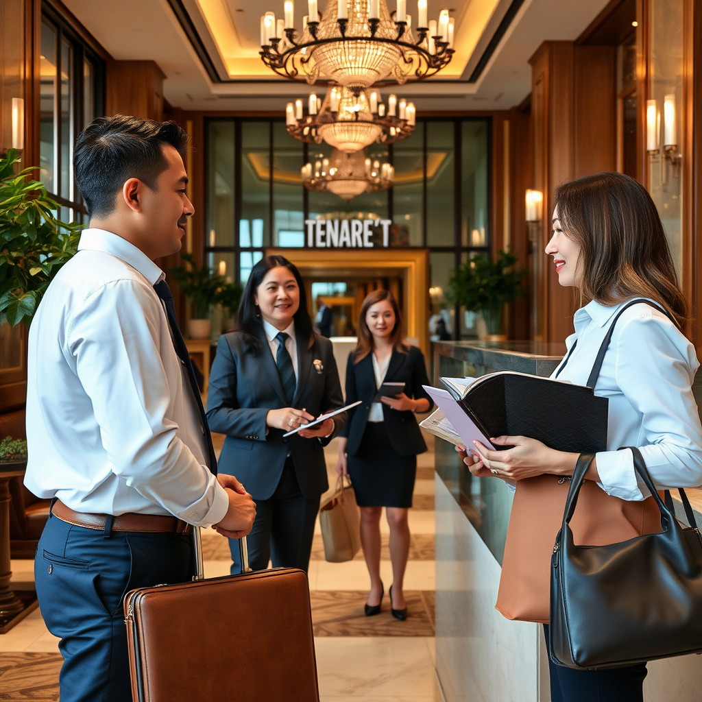 Professional concierge team providing personalized assistance to luxury holiday travelers in an elegant hotel lobby setting