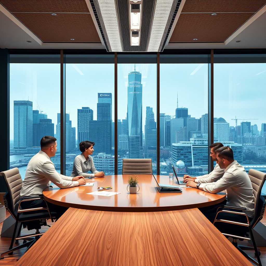 Professional corporate meeting room with executives discussing business strategy around modern conference table with city skyline in background