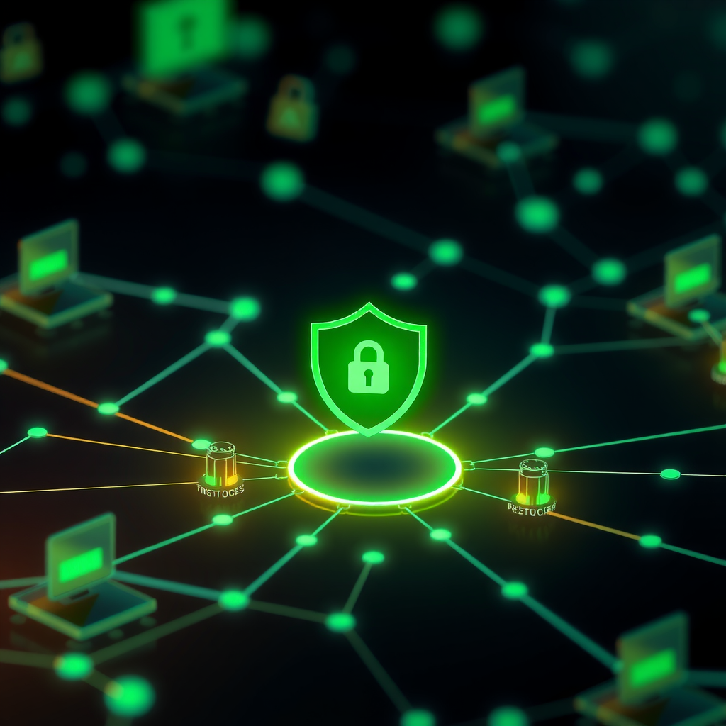 Network security visualization showing protected network infrastructure with shield icon, interconnected device nodes, security status indicators, and glowing green protection aura