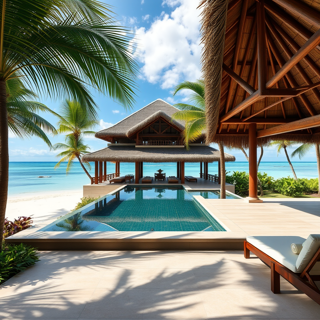 Elegant beachfront resort villa with private infinity pool, thatched roof architecture, and direct beach access surrounded by tropical gardens