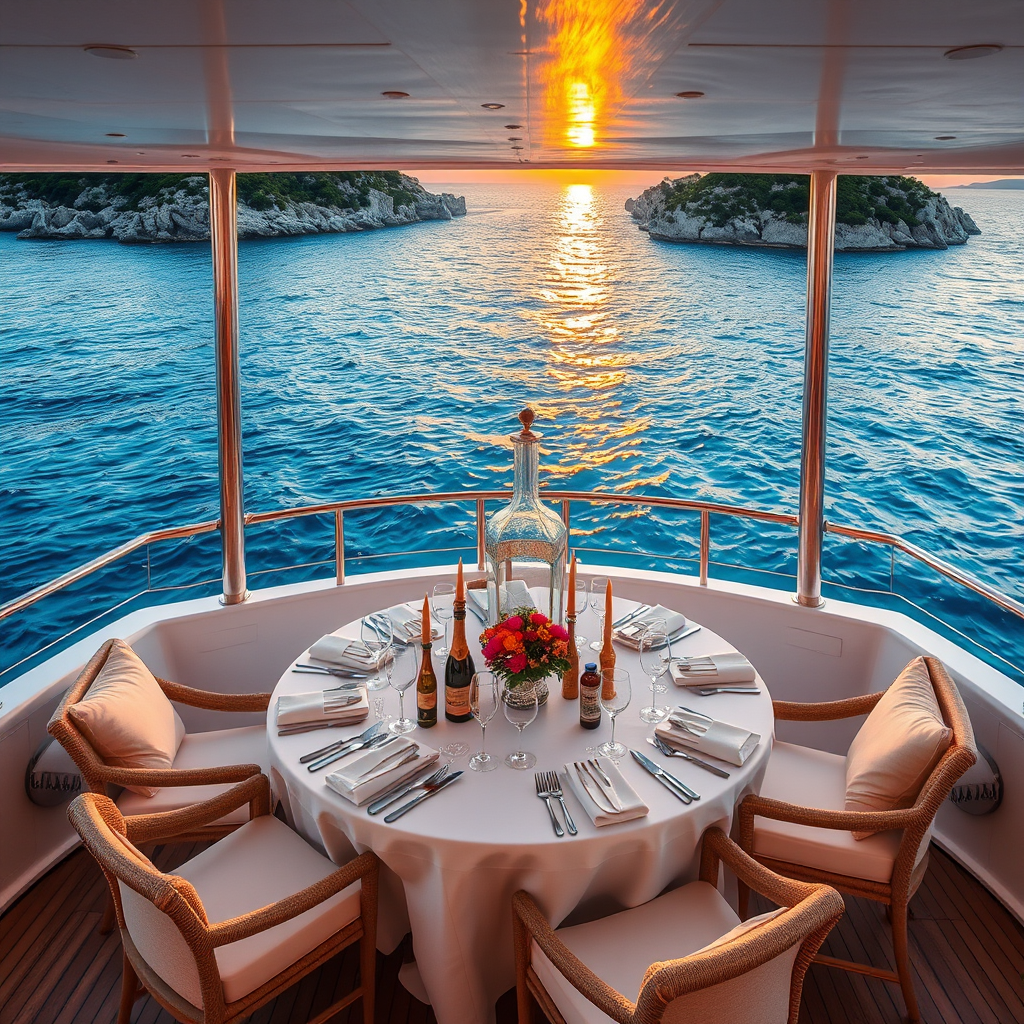Private yacht charter with elegant dining setup on deck overlooking crystal blue Mediterranean waters at sunset