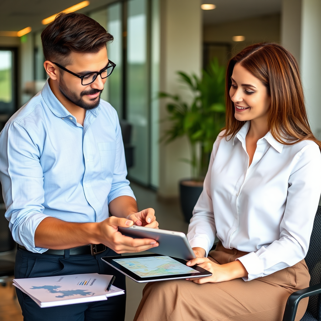 Professional travel consultant in modern office working with corporate client, reviewing detailed travel itinerary on tablet with charts and maps visible on screen