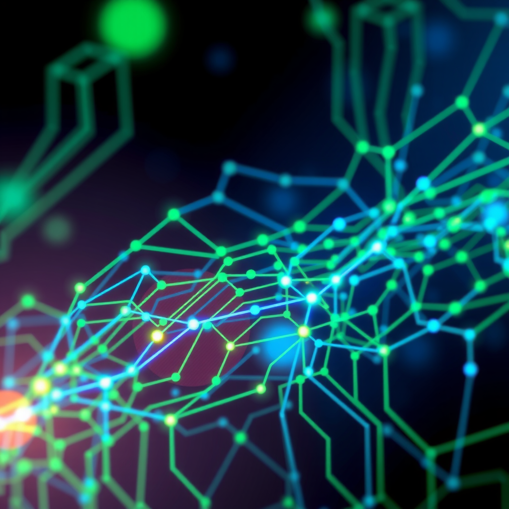 Abstract digital network background with glowing blue and green circuit patterns and light effects