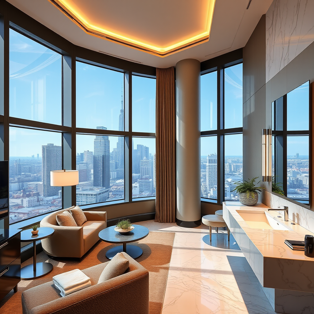 Sophisticated urban hotel suite with floor-to-ceiling windows showcasing city skyline, modern furnishings, marble bathroom, and premium amenities