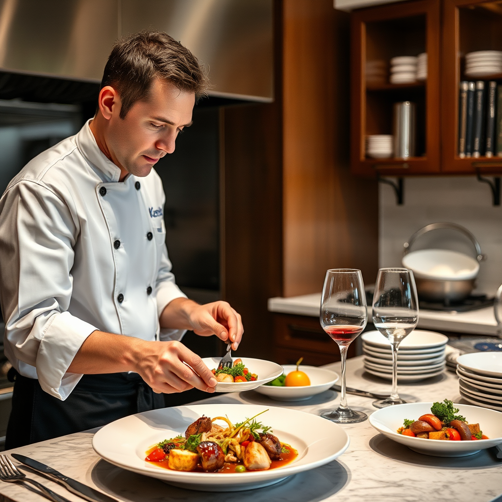 Michelin-starred chef preparing gourmet meal in private kitchen with premium ingredients and elegant presentation