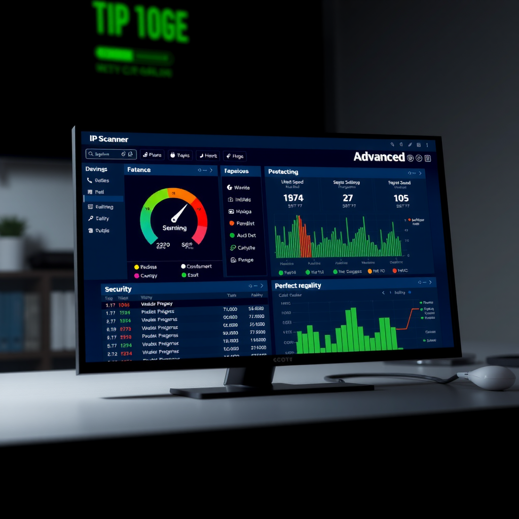 Advanced IP Scanner software interface displaying network scanning dashboard with improved speed indicators, device detection panels, and security features for IT administrators