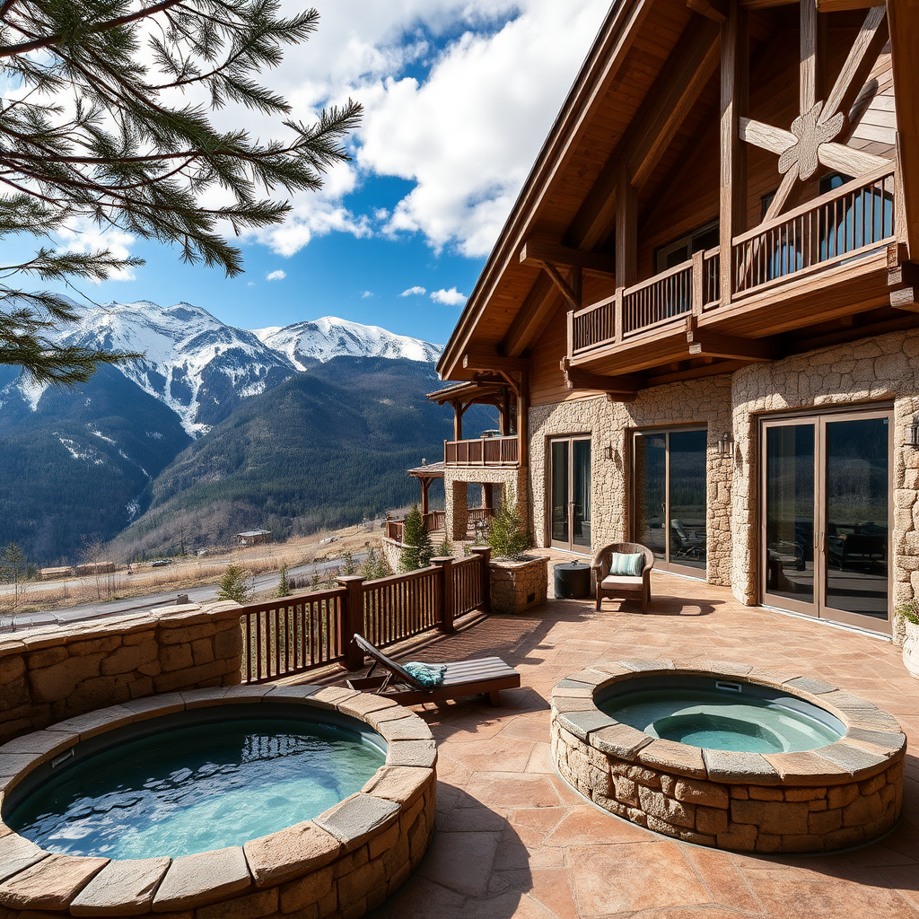 Exclusive mountain lodge with panoramic alpine views, stone and timber architecture, outdoor hot springs, and luxury spa facilities nestled in pristine wilderness
