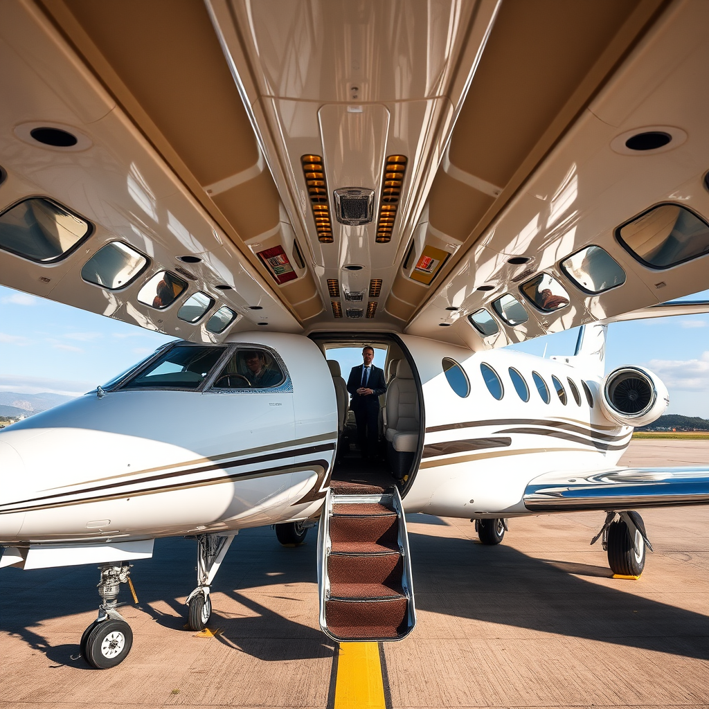 Sleek private jet on tarmac with luxury interior visible through windows and professional crew