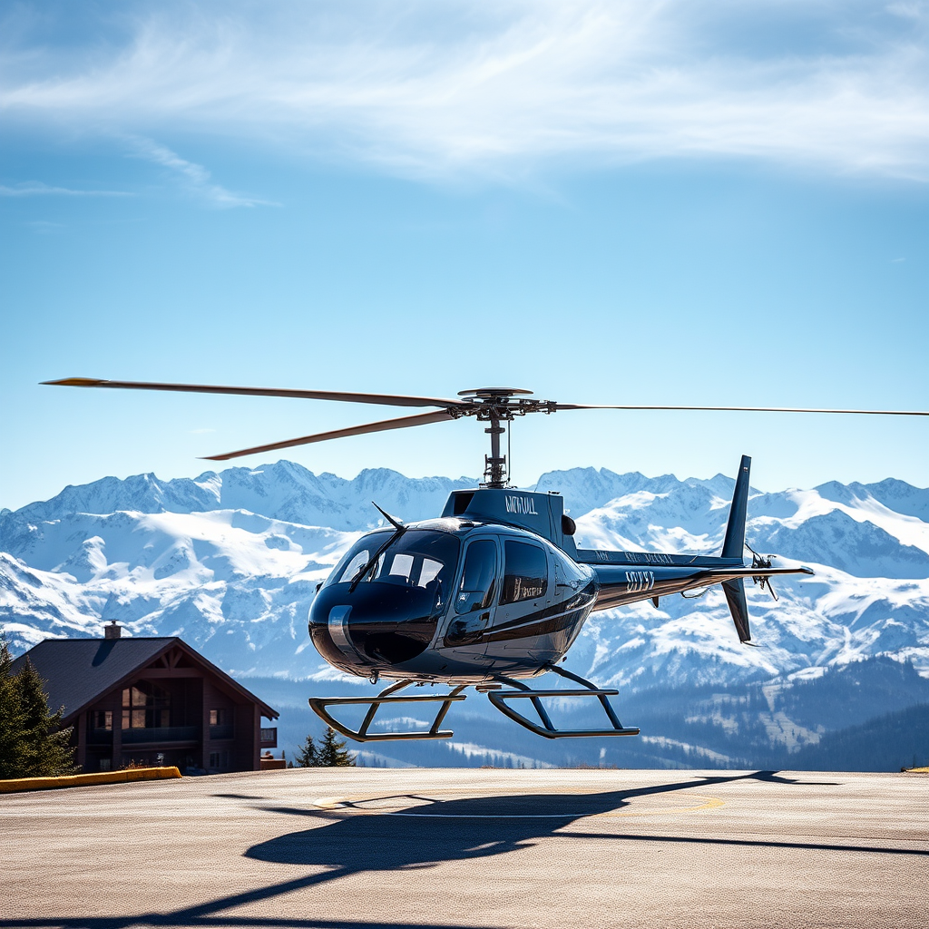 Luxury helicopter landing at exclusive mountain resort with panoramic alpine views and pristine snow-capped peaks