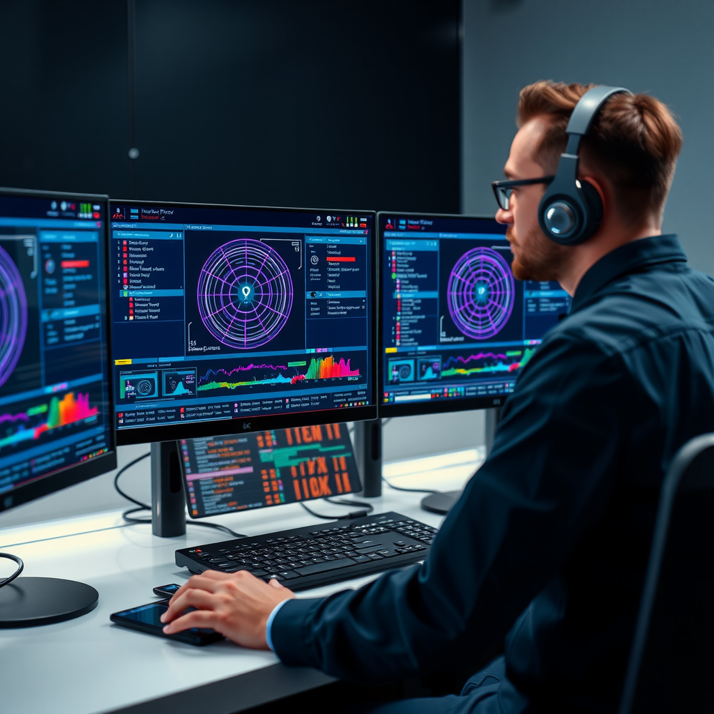 IT professional analyzing network security vulnerabilities using network scanning software on multiple monitors with data visualization showing unauthorized device detection and cyber attack prevention