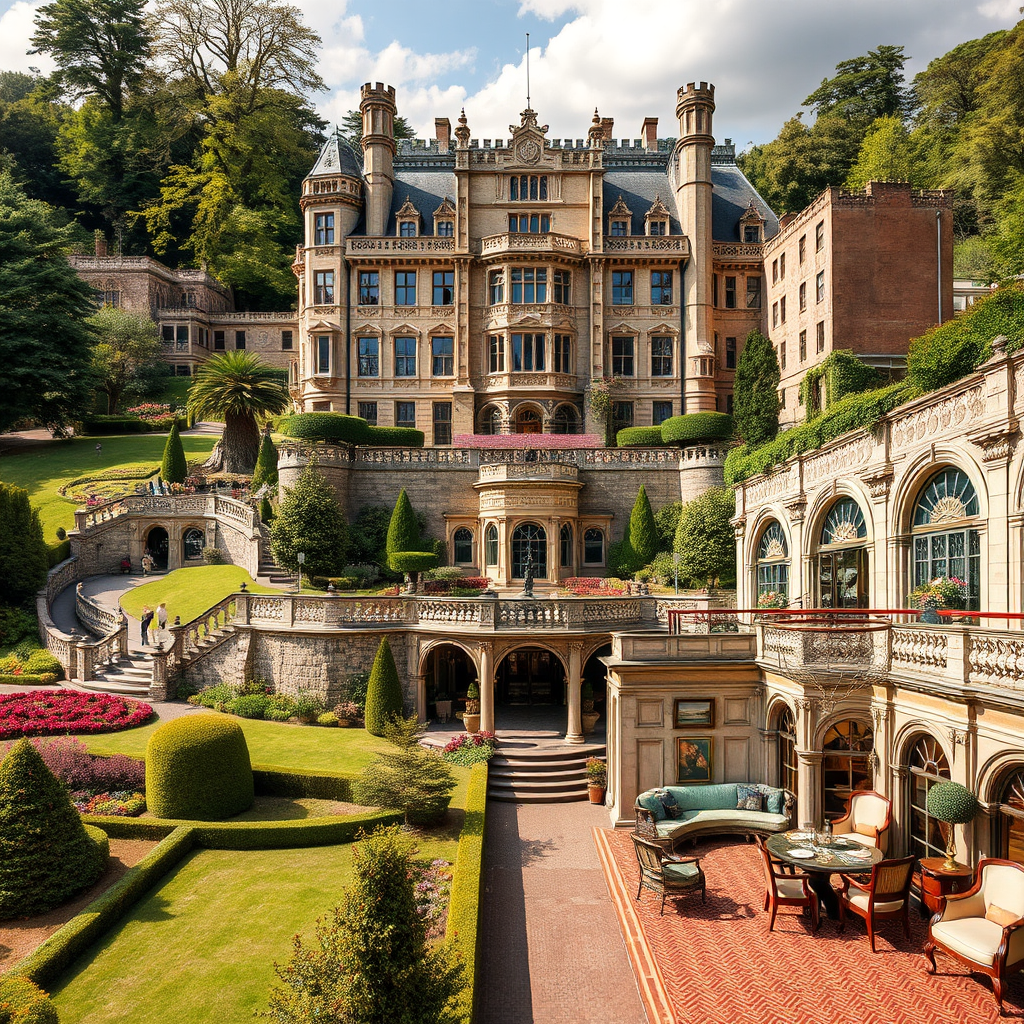 Magnificent historic castle hotel with manicured gardens, grand architecture, ornate interiors, and luxury amenities blending heritage charm with modern comfort