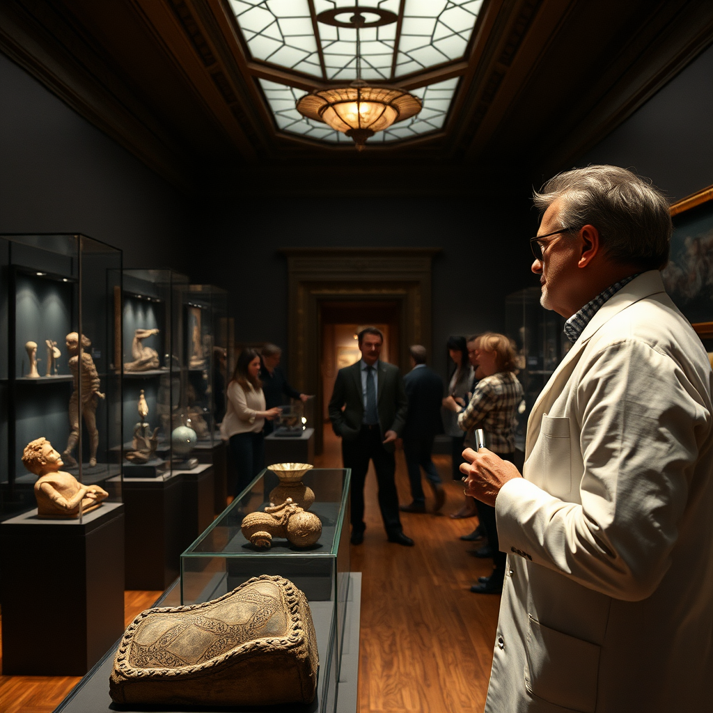 Private museum tour with expert curator showing rare artifacts in exclusive gallery setting with dramatic lighting
