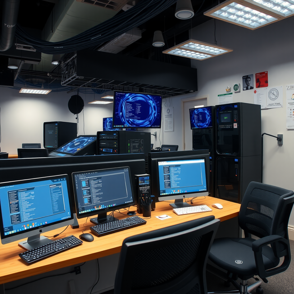 Small business office environment showing network infrastructure monitoring setup with IP scanning software on desktop computers, servers, and network equipment demonstrating cost-effective IT management
