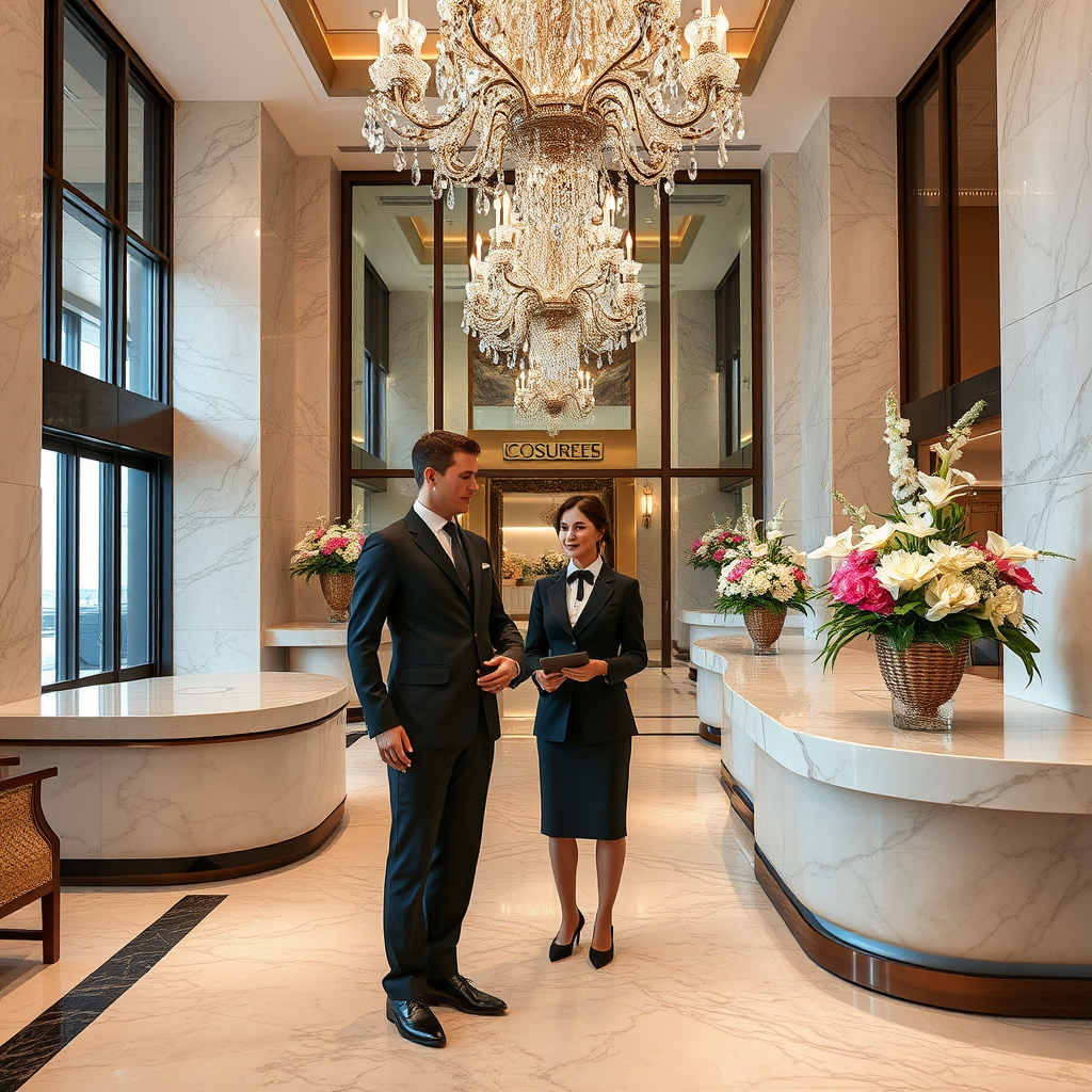 Professional hotel concierge in elegant uniform providing personalized service in a luxurious marble lobby with crystal chandeliers and fresh floral arrangements