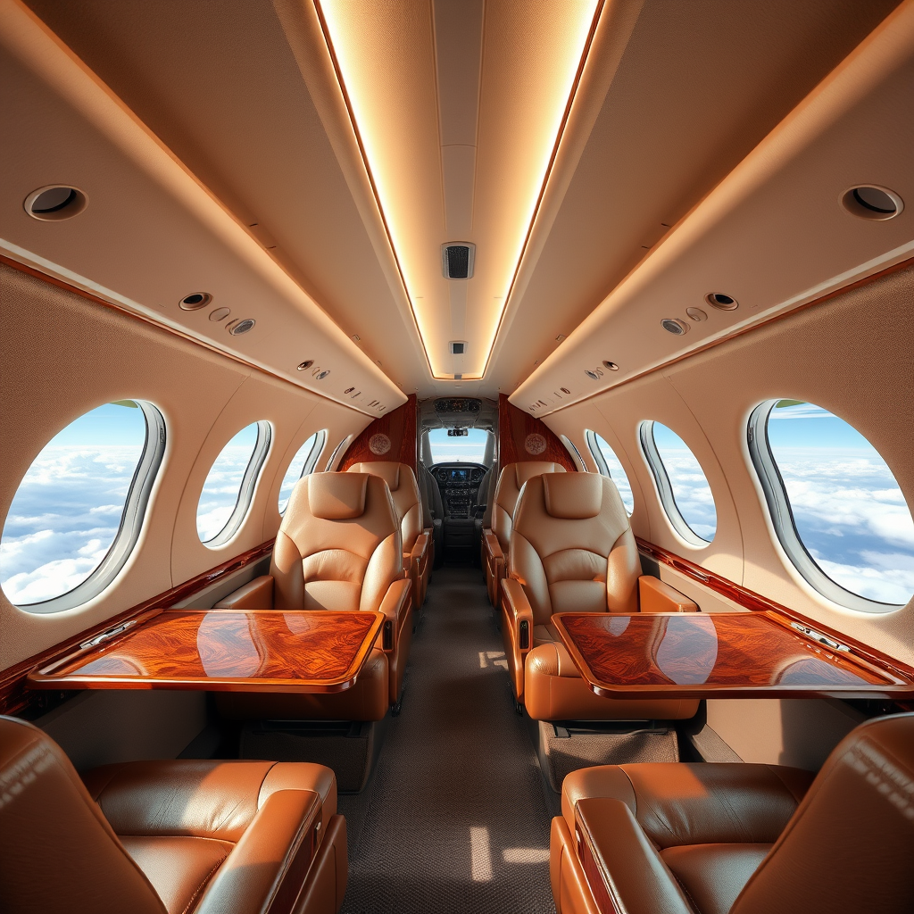 Luxurious private jet interior with leather seats, mahogany tables, and panoramic windows showing clouds