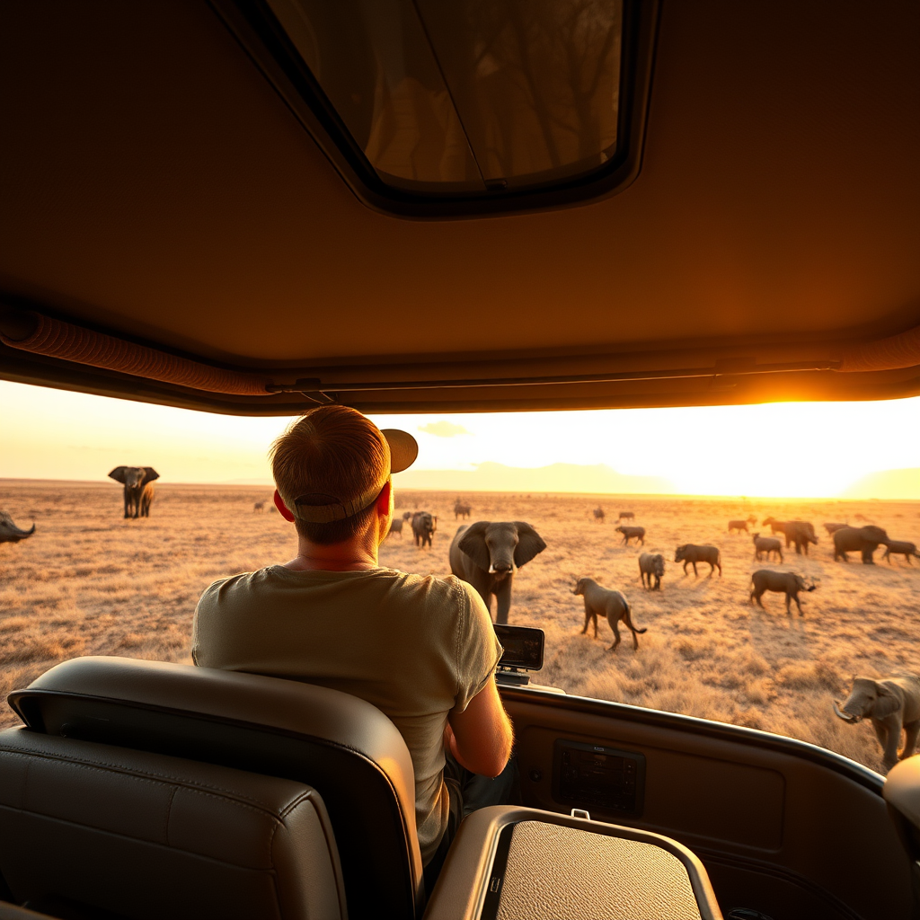 Luxury safari vehicle with professional guide observing majestic wildlife in pristine African savanna during golden hour