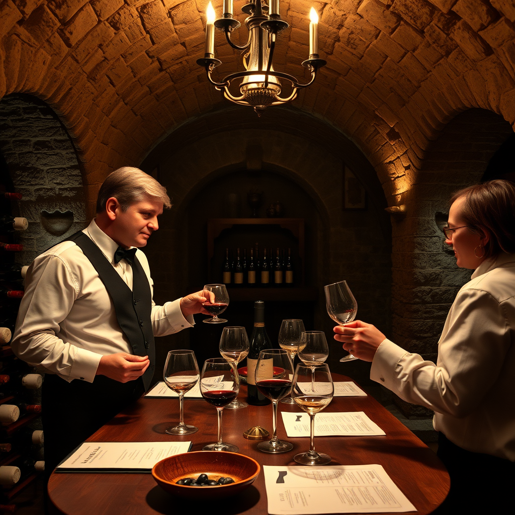 Elegant wine cellar with sommelier conducting private tasting of rare vintage wines in atmospheric stone vault setting